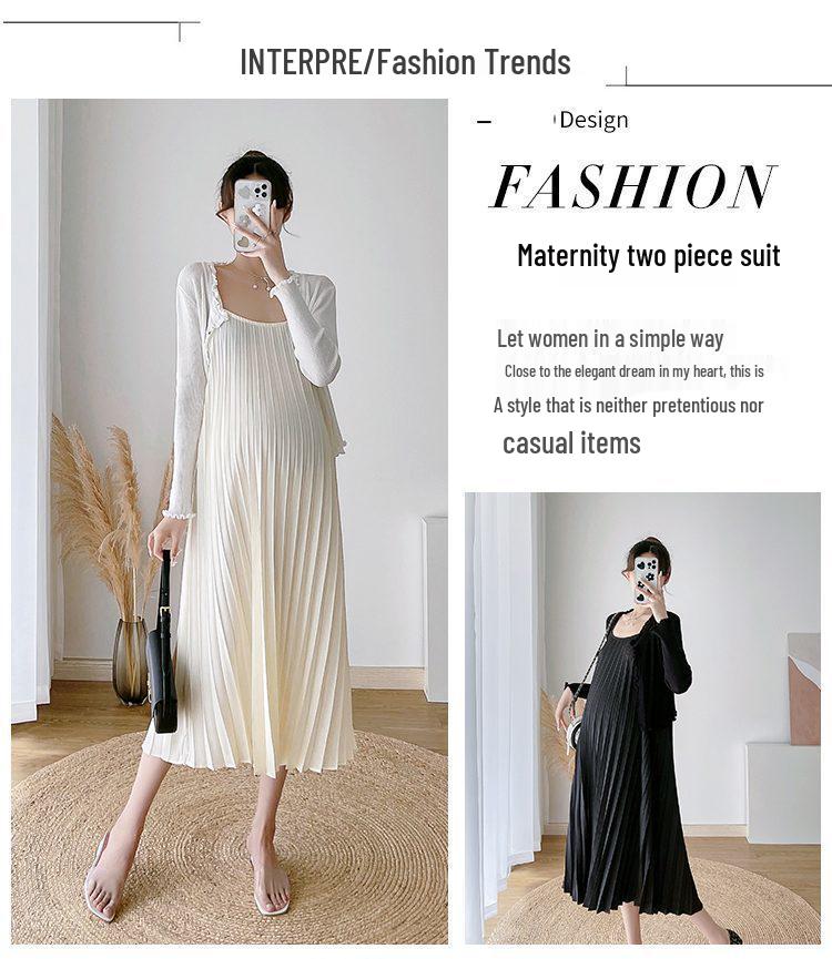 Versatile Plus Size Pleated Maternity Two-Piece Slip Dress
