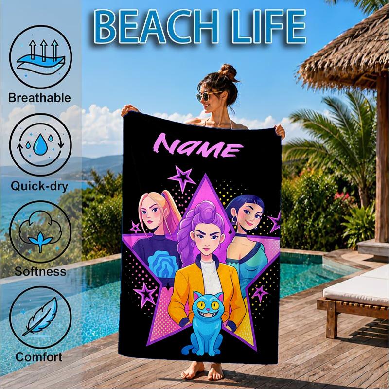 Custom Name Neon Future Heroes KPop Beach Towel Microfiber Beach Towel, Lightweight and Quick-Dry, for Summer Travel, Swimming Pool Gift