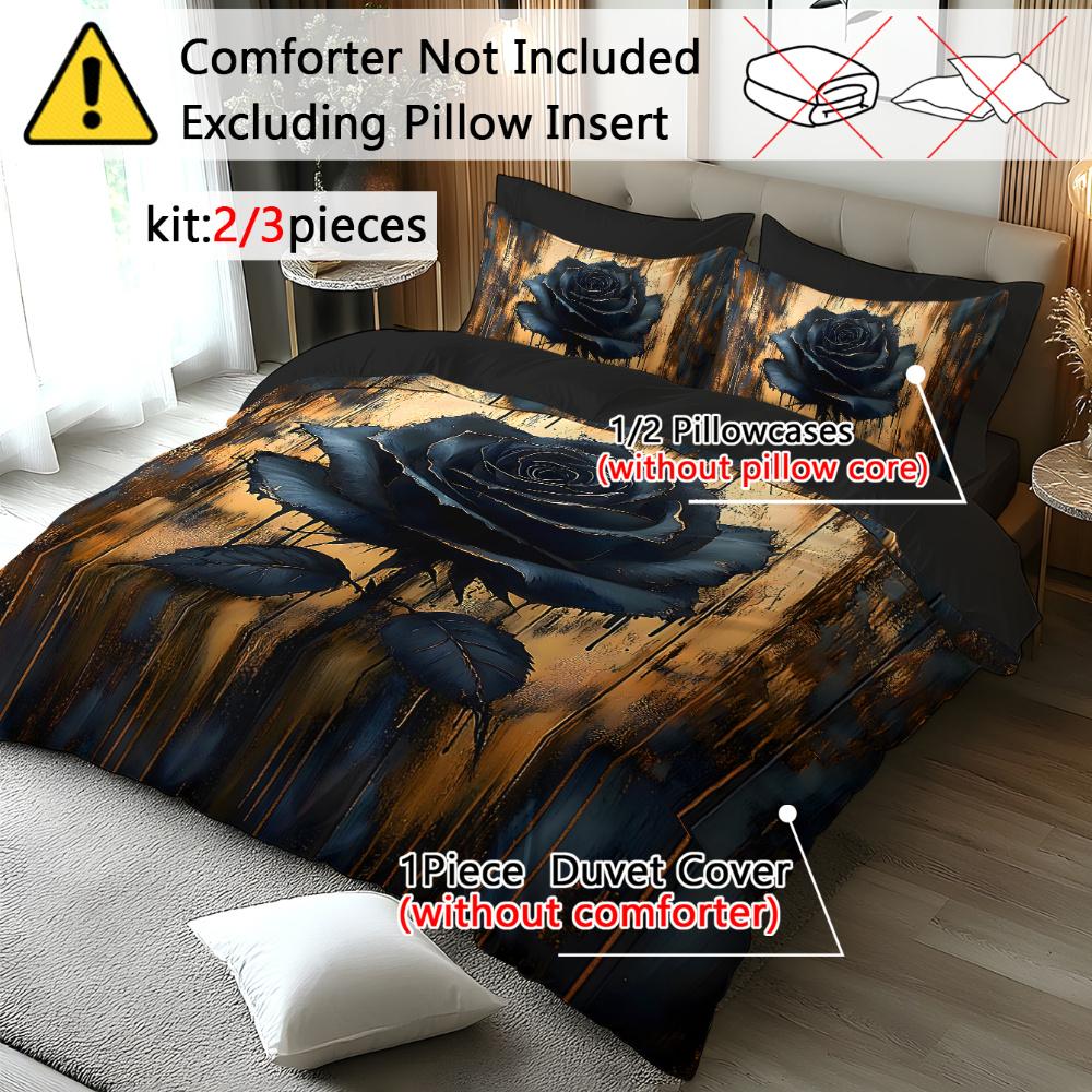 Black All-Polyester Printed Duvet Cover Bedding Set with Retro Luxury Rose Floral Design Theme 1*Duvet Cover + 1/2 Pillowcases