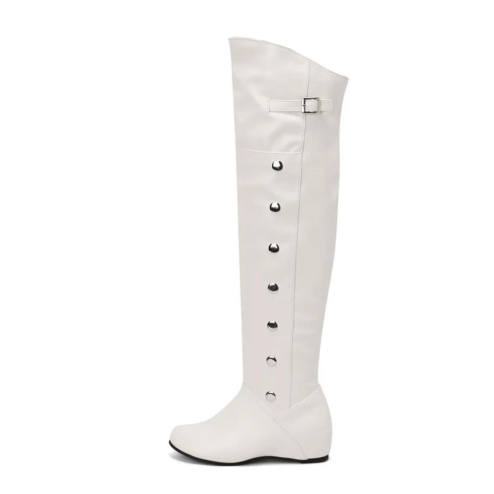 Women Boots 2024 Winter New Fashion Casual Over-the-high Boots Round Toe Buckle Plus Size 34-43Lady Shoes Rivet Metal Decoration