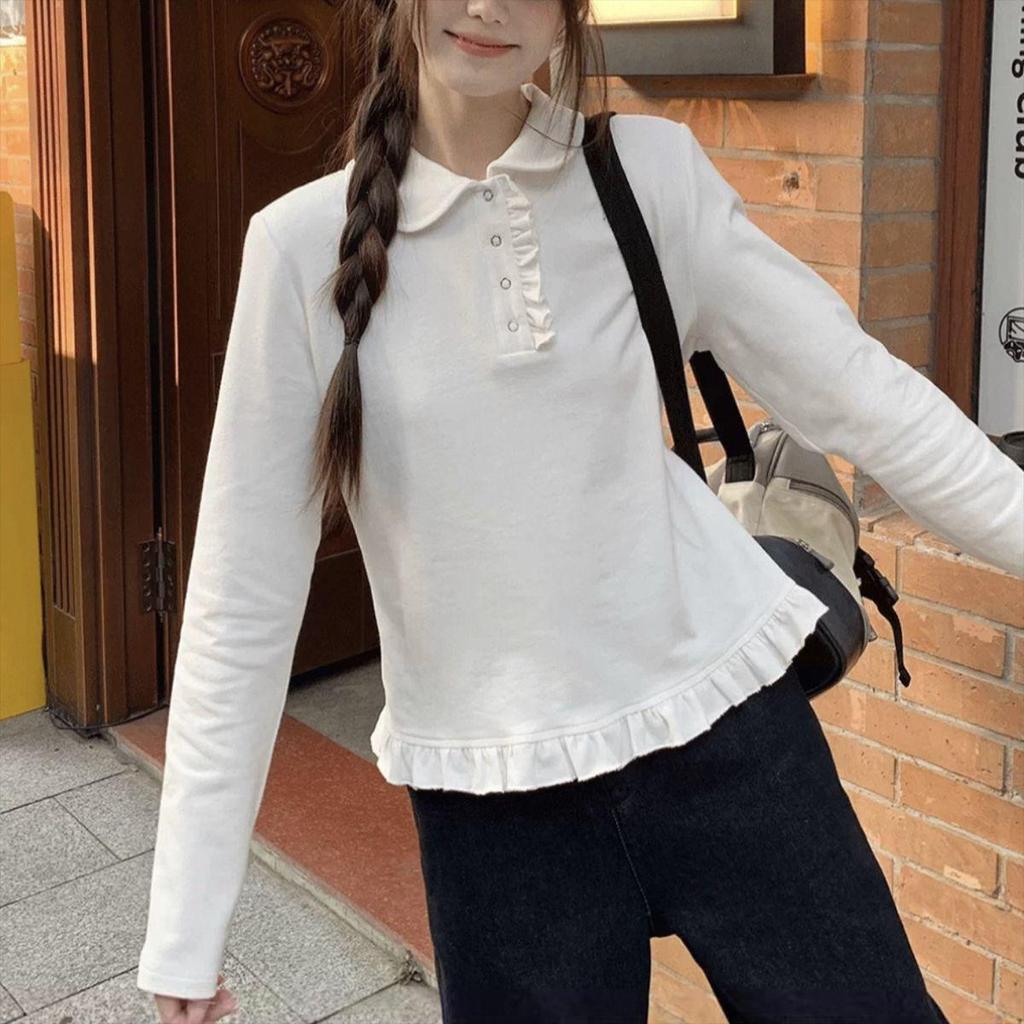 Women's Korean White Lace Collar Slim-Fit Long-Sleeve Top for Autumn/Winter