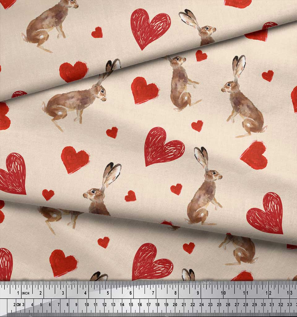 Soimoi White Japan Crepe Satin Fabric Bunny & Heart Print Sewing Fabric metre 42 Inch