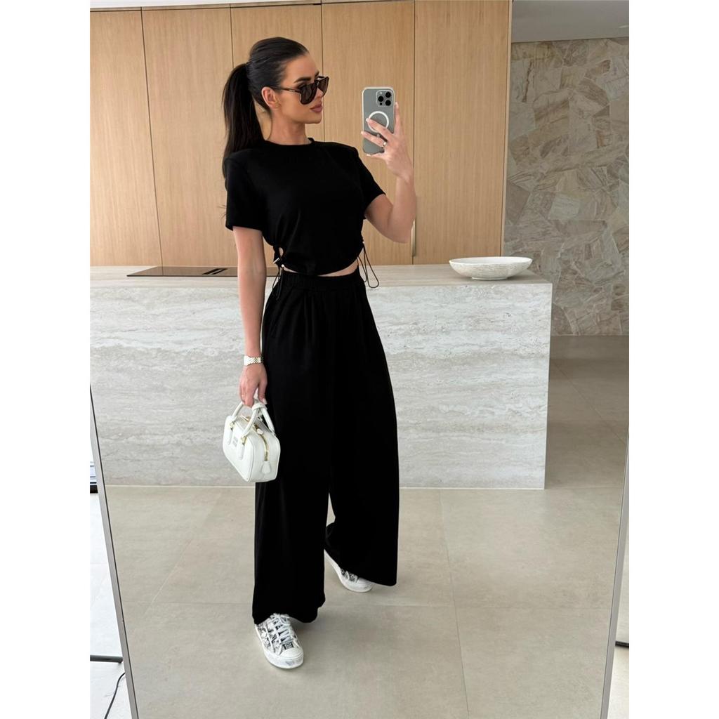 Lato Nowa Moda Casual Jednolity Kolor Garnitur T-shirt Szerokie Nogawki Spodnie Zestaw Dwuczęściowy Dla Kobiet