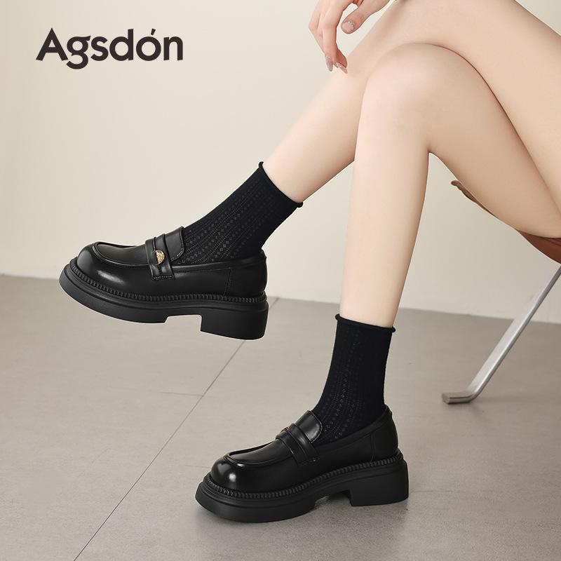 Augustine loafers women's 2025 summer new black thick heel British style single shoes soft sole commuter small leather shoes