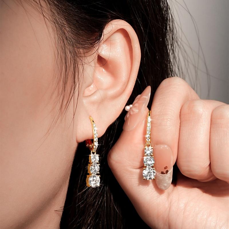 Anziw 3-Stone D Color Moissanite Drop Earrings Hypoallergenic 14K Gold Filled Earring Birthday Jewelry Gift for Women Certified