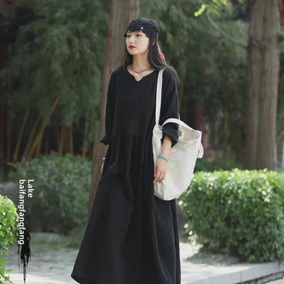 Robe Trapèze Double Couche en Lin à Col V - Style Rétro Printemps/Été