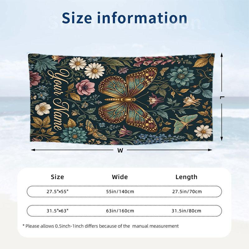Butterfly Garden Fantasy 7 Theme Quick Dry Beach Towel Custom Name Text Print Large Sand Resistant Towel Beach Vacation