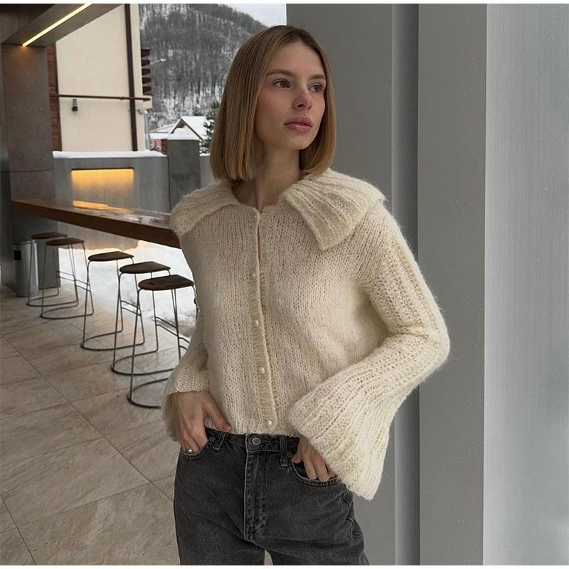 

Повседневный вязаный кардиган женский тонкий воротник кукла однобортный свитер с длинными рукавами женский осенний модный трикотаж для леди S бежевый