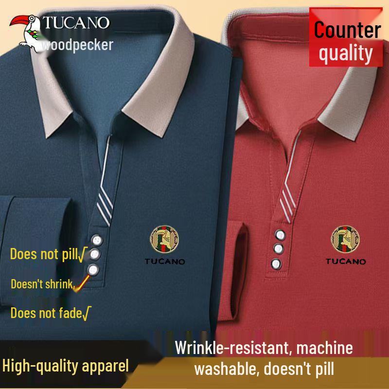 Woodpecker Men's Long-Sleeve Solid Color Polo Shirt with V-Turn Collar for Spring and Autumn.
