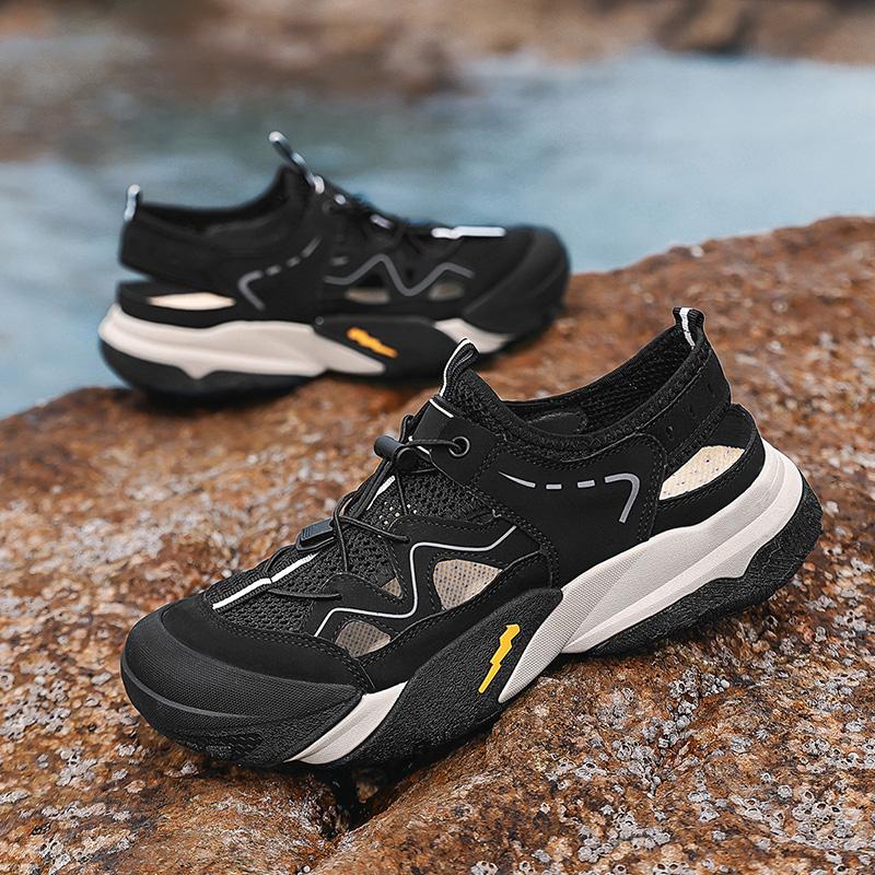 Fashion Hollow Out Men's Leather Sandals Adjustable Straps Mesh Shoes Non-Slip Sole Beach Shoes Comfortable Summer Shoes Outdoor Sandaly