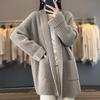 Sweater Coat Lapel Long Sleeve Open Front Knitting Sweater Coat with Pockets Solid Color Mid-length Casual