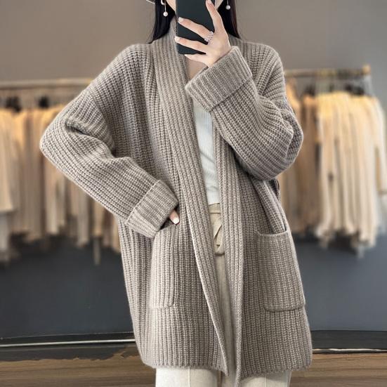 Sweater Coat Lapel Long Sleeve Open Front Knitting Sweater Coat with Pockets Solid Color Mid-length Casual