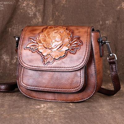 High Quality Woman Vintage Sling Messenger Shoulder Bags Female Leisure Small Embossed Women Genuine Leather Floral Bag