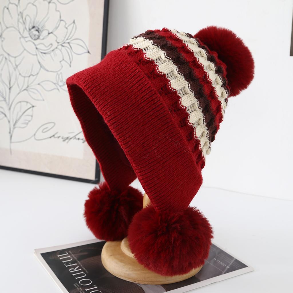 New Jacquard Wool Hat Women's Autumn and Winter Ear Protection Warm Cold Hat Cute Hairball Knitted Hat Big Head Circumference