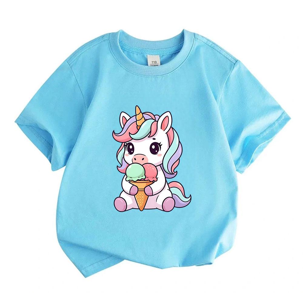 Kids Boys Girls Crew Neck Short Sleeve 100% Cotton T-Shirt, Cute Cartoon Unicorn Eating Ice Cream Pattern Casual Soft Breathable Tee Tops for Children