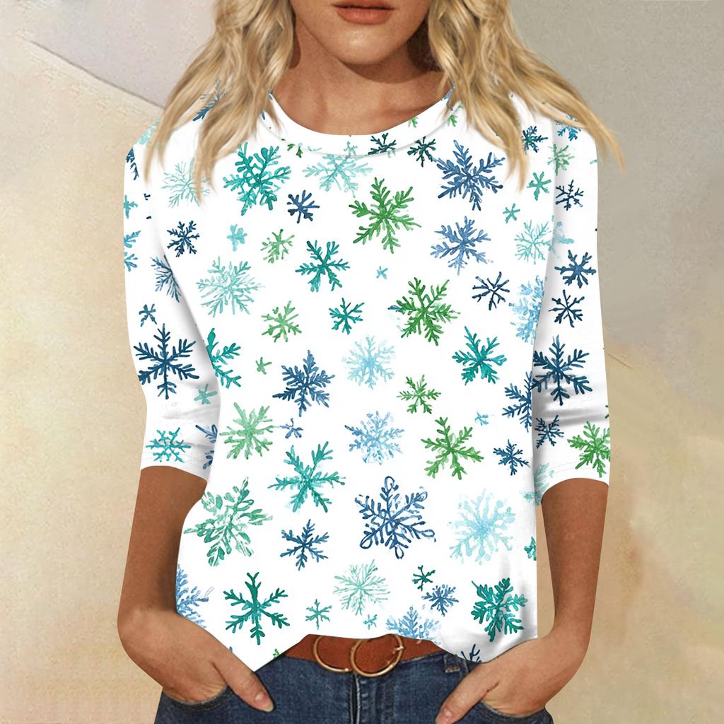 Women's Fashion Casual Christmas Tree Printed Round Neck Three-Quarter Sleeve T-Shirt Top