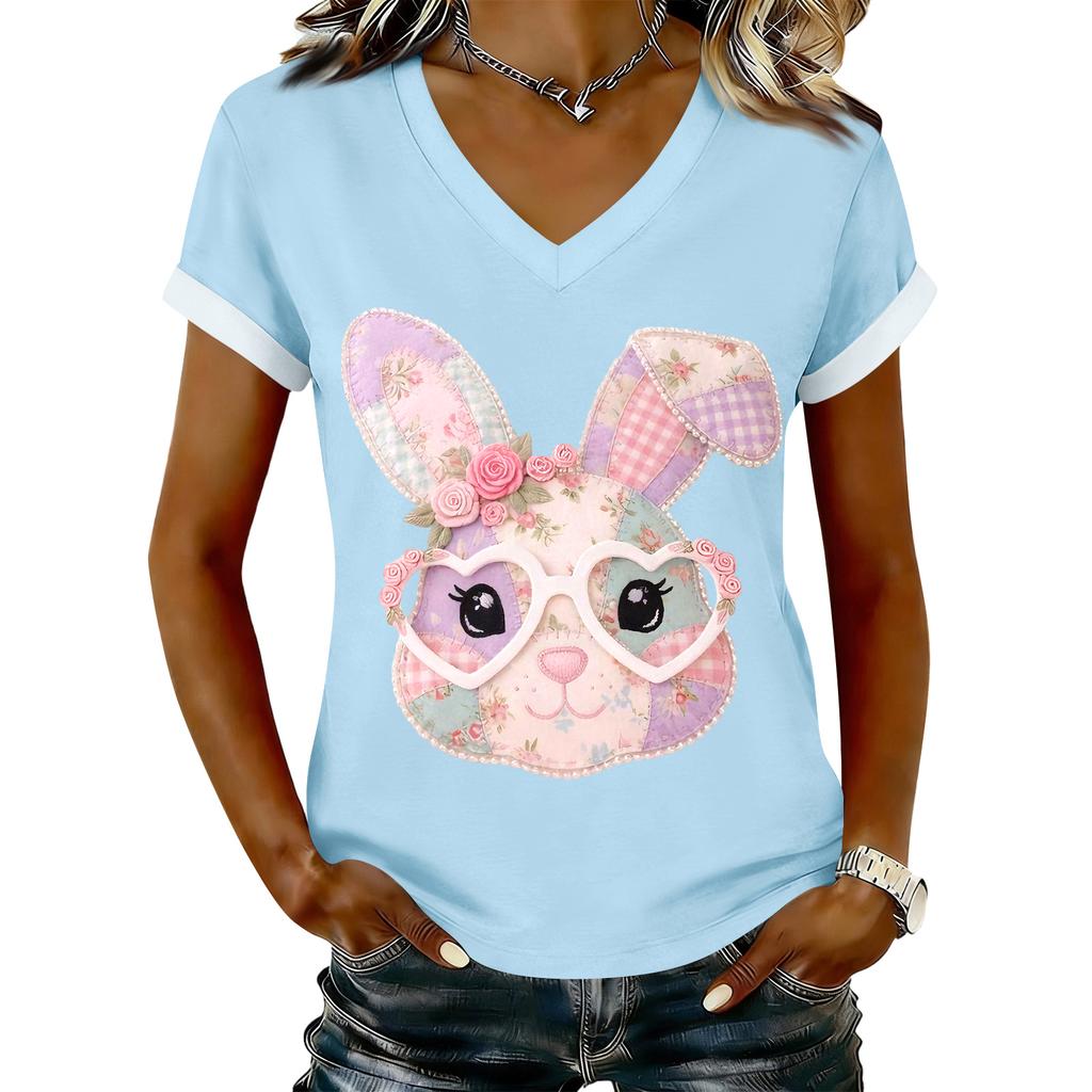 Women's Casual Printed T-Shirt V Neck Pullover Short Sleeve Top