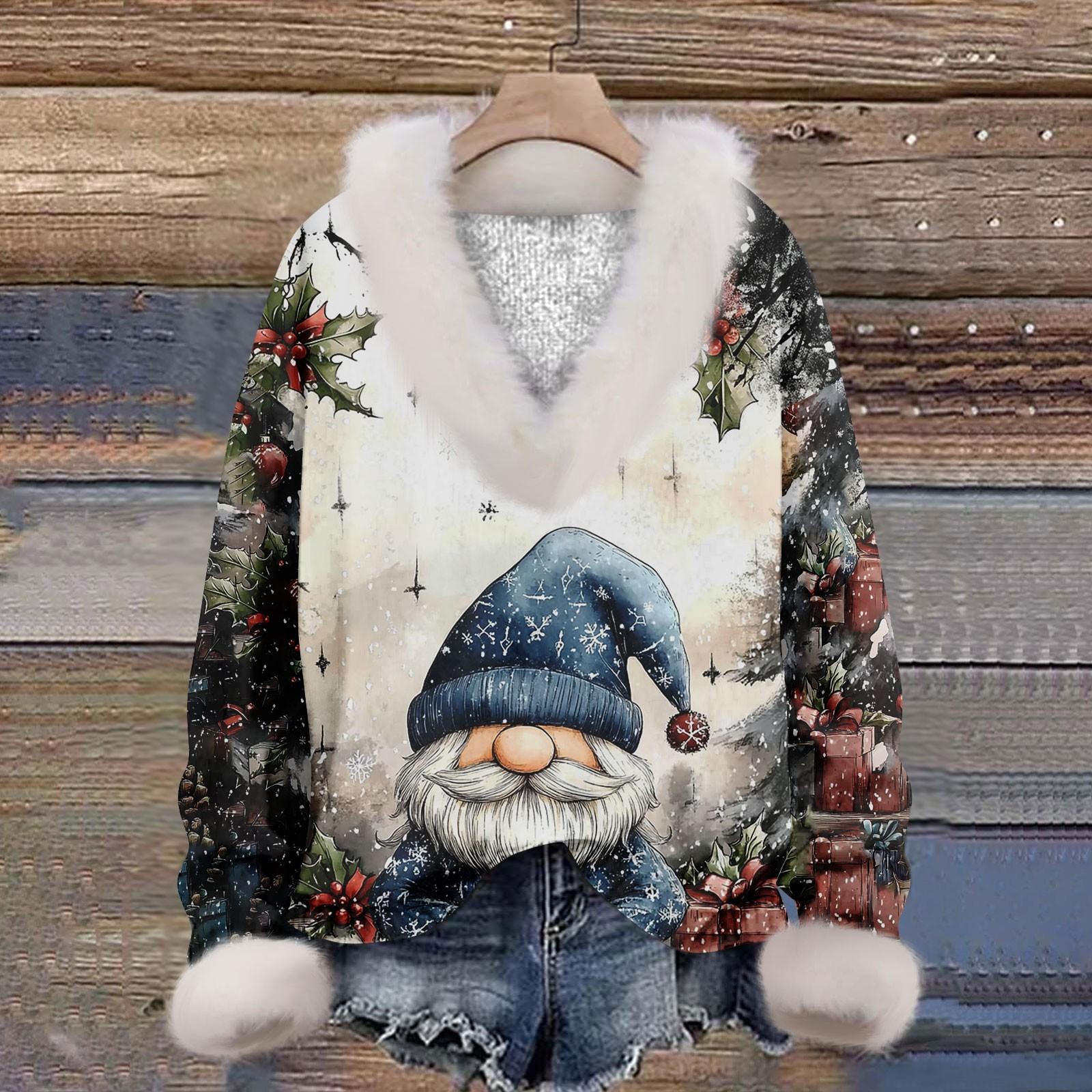 

Женская мода повседневный рождественский принт с длинным рукавом и V-образным вырезом пуловер для волос XL