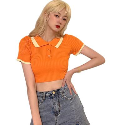 Korean Turn-down Collar Contrast Color Tee Slim Casual Exposed Navel Short Sleeve Knitted T-Shirt