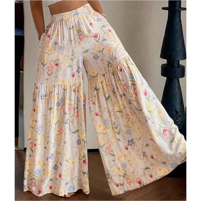 Pantalones de Verano para Mujer Florales de Cintura Alta Sueltos de Pierna Ancha Finos Elegantes Rectos Ajustados
