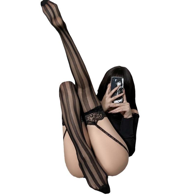 Vertical Striped Suspenders Stockings Sexy Ultra-Thin Black Silk Women'S Lace Anti-Hook Pantyhose Suspenders
