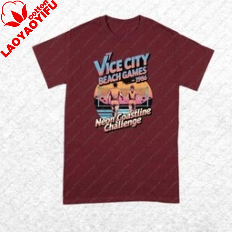 Vice City Games 1986 Neon Coastline Challengeretro Beach Crewneck Casual Tshirt 80s Summer Volleyball Unisex Graphic Tshirt
