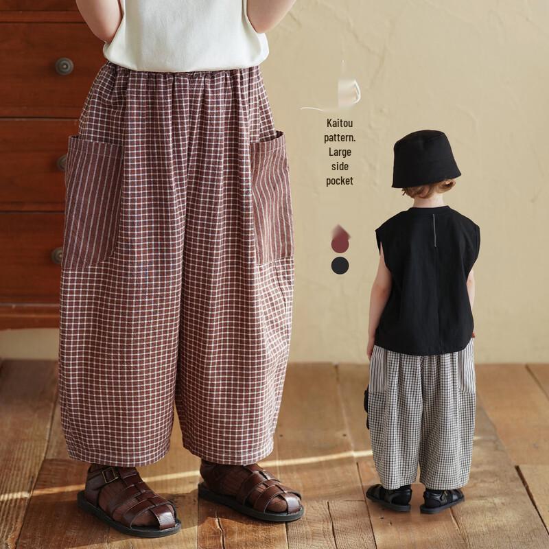 Girls  Plaid Pocket Cotton Linen Cropped Pants 150