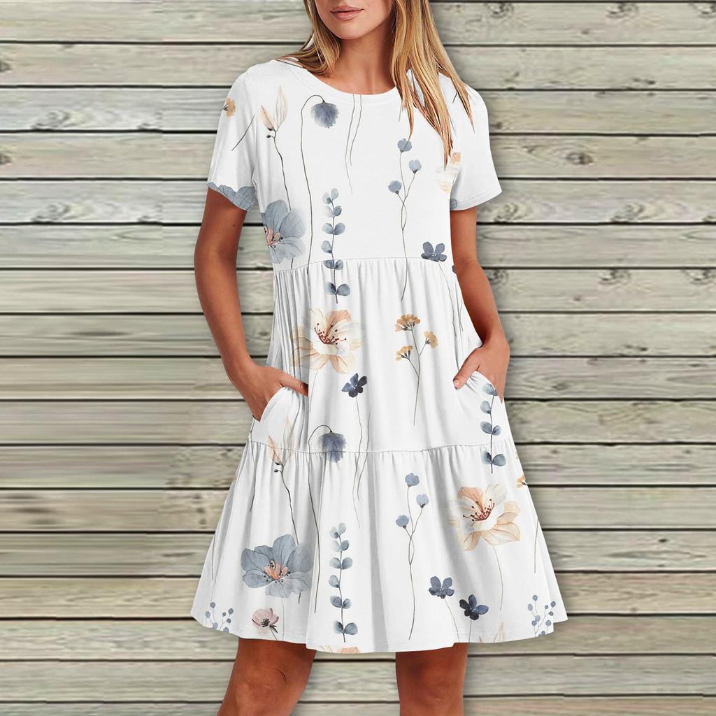 Dámské neformální módní šaty Midi s kulatým výstřihem a krátkým rukávem s potiskem a kapsou