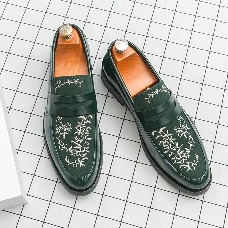 

Fashion Korean Style Leather Business Office Men Shoes Fashionable Embroidered Elegant Casual Shoes Anti Slip Quality Sole Driving Shoes 46 зелёный