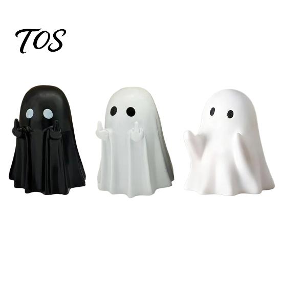 Funny Halloween Desktop Accessories Middle Finger Ghost Figurine Pen Holder, Spooky Gesture Resin Small Desk Storage for Pencils Stand, Cute