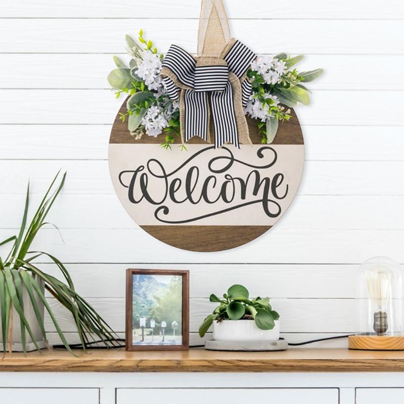 Holz Willkommensschild Blumengirlande Anhänger zur Aufhängung für Haustür Wand Gartenbrett mit Schleifendekorationen
