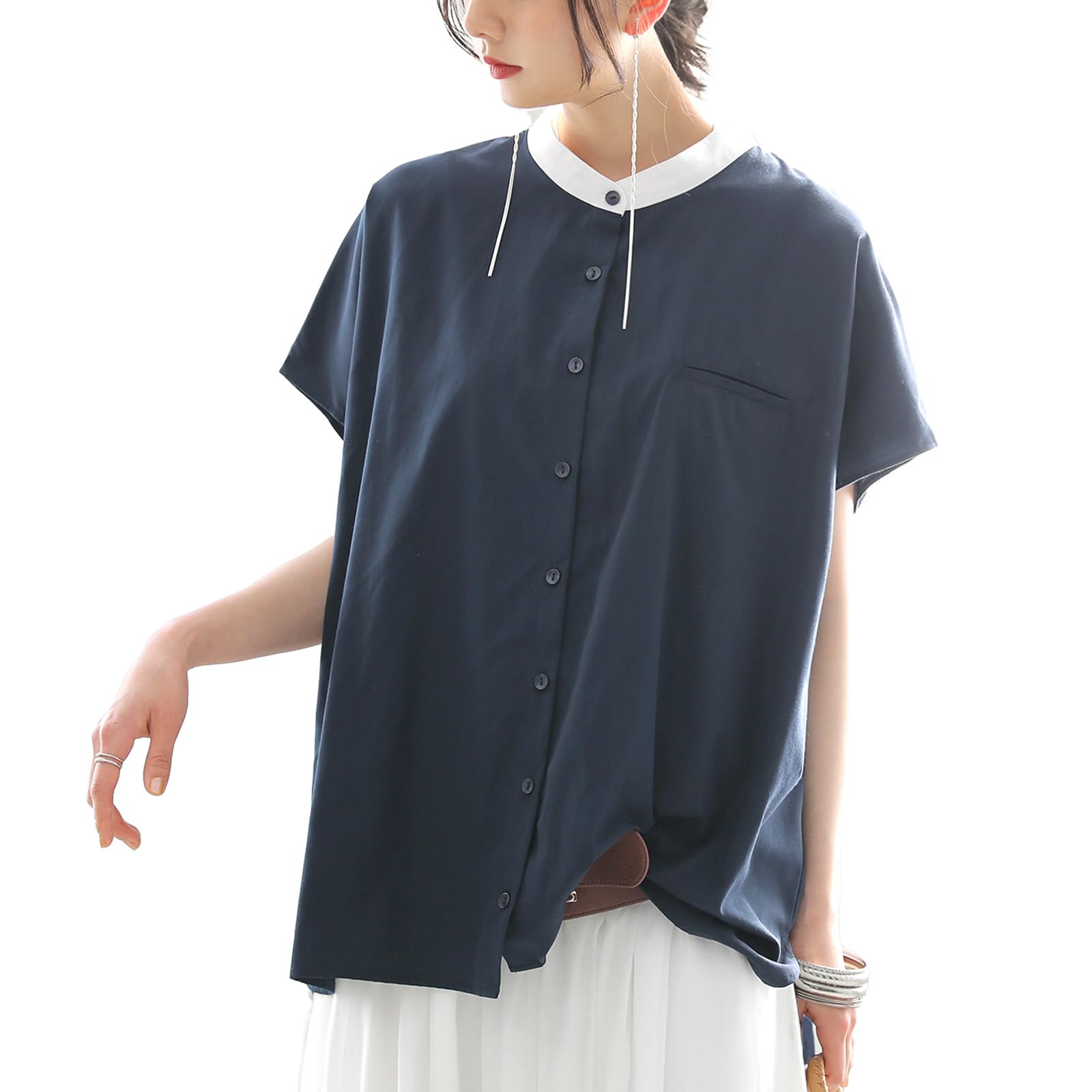 

Oshare Walker Collar Short Band Stand Round Loose tfn0237 n OrLABEL [Band Color-Scheme Blouse] Women s Spring/Summer Top, Sleeve, Color-Scheme,