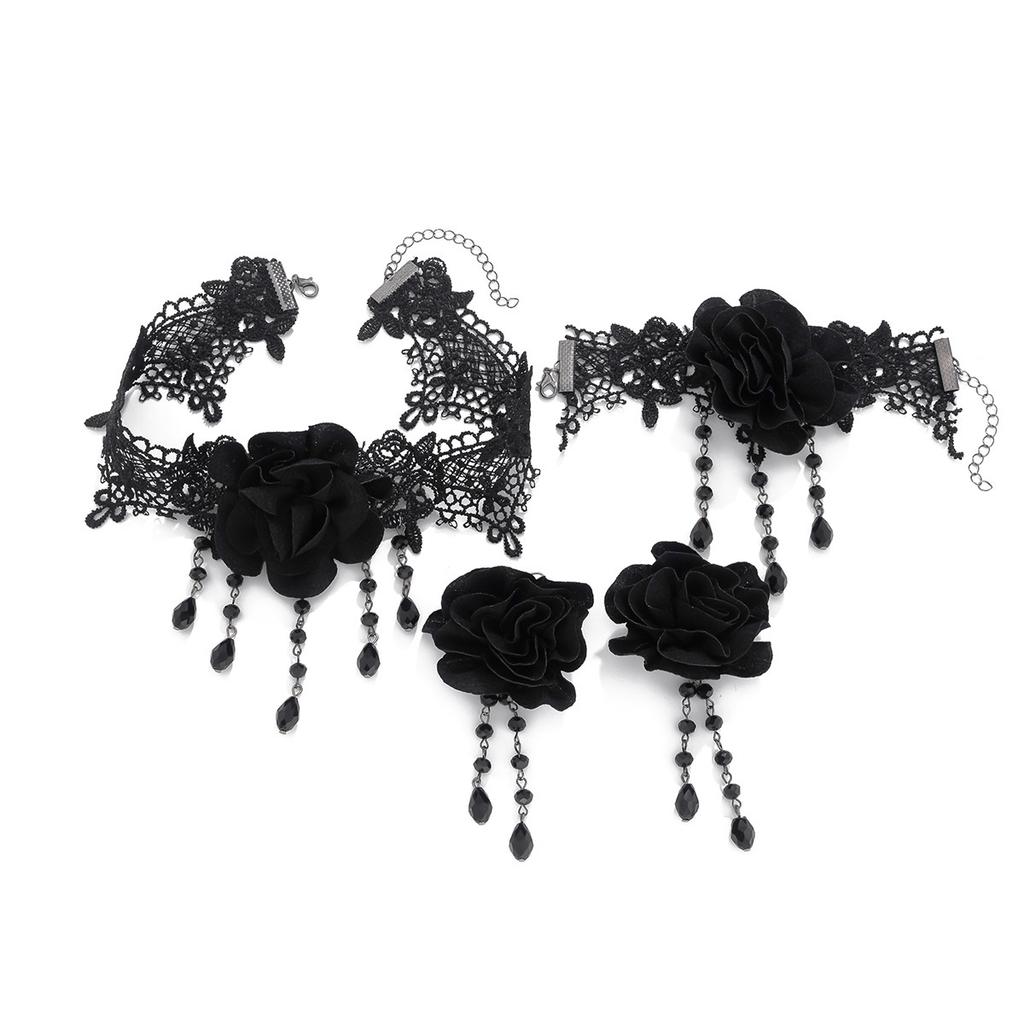 Gothic Dark Black Lace Collar Halloween Rose Flower Fringed Choker Necklace