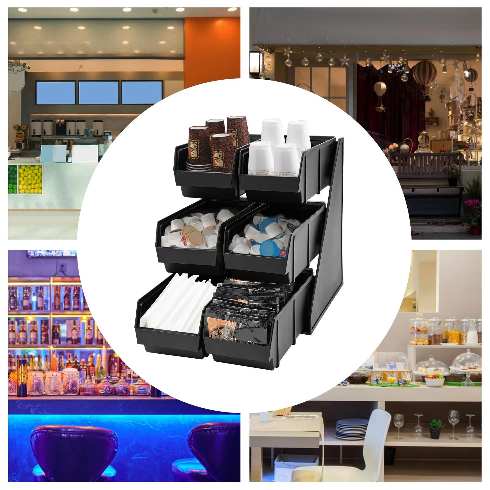 6-Compartment Self-Service Condiment Box, Plastic Storage Container, Countertop Organizer, 3-Tier Self-Service Condiment Rack nero