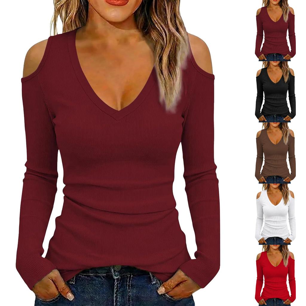 Women's Casual Off-Shoulder Fitted Long Sleeve T-Shirt Top for Daily Wear