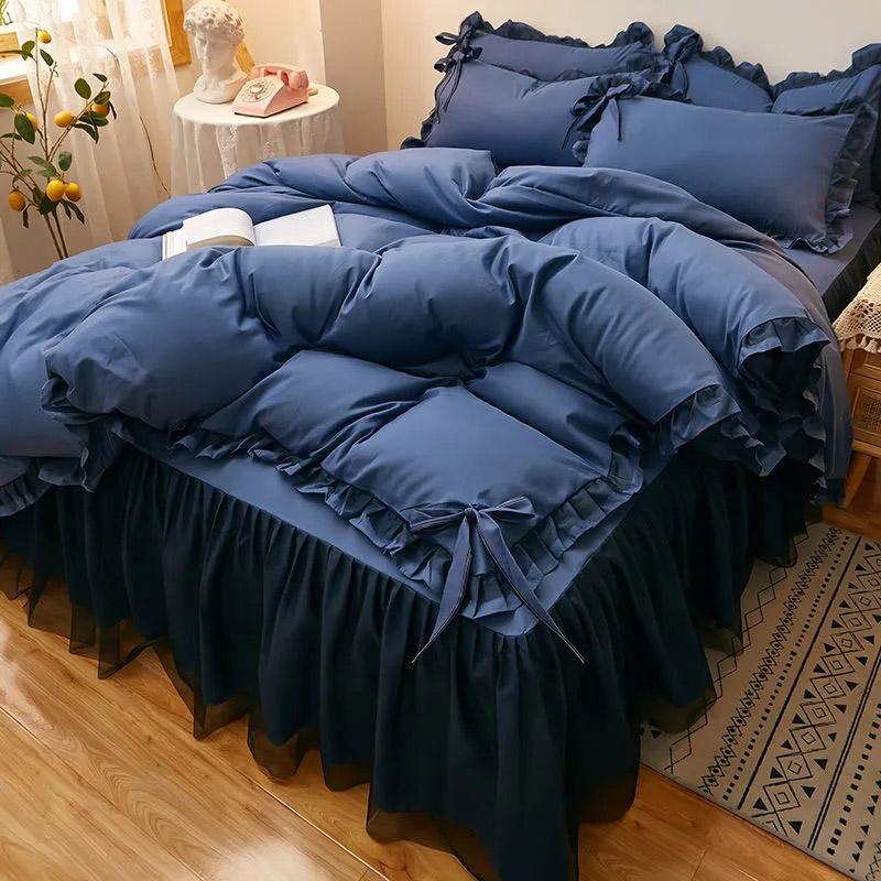 4pcs/set Korean Version Thickened Brushed Four-piece Sets Non-slip Bedspread Lace Ruffled Bed Skirt Princess Style Bedding Set
