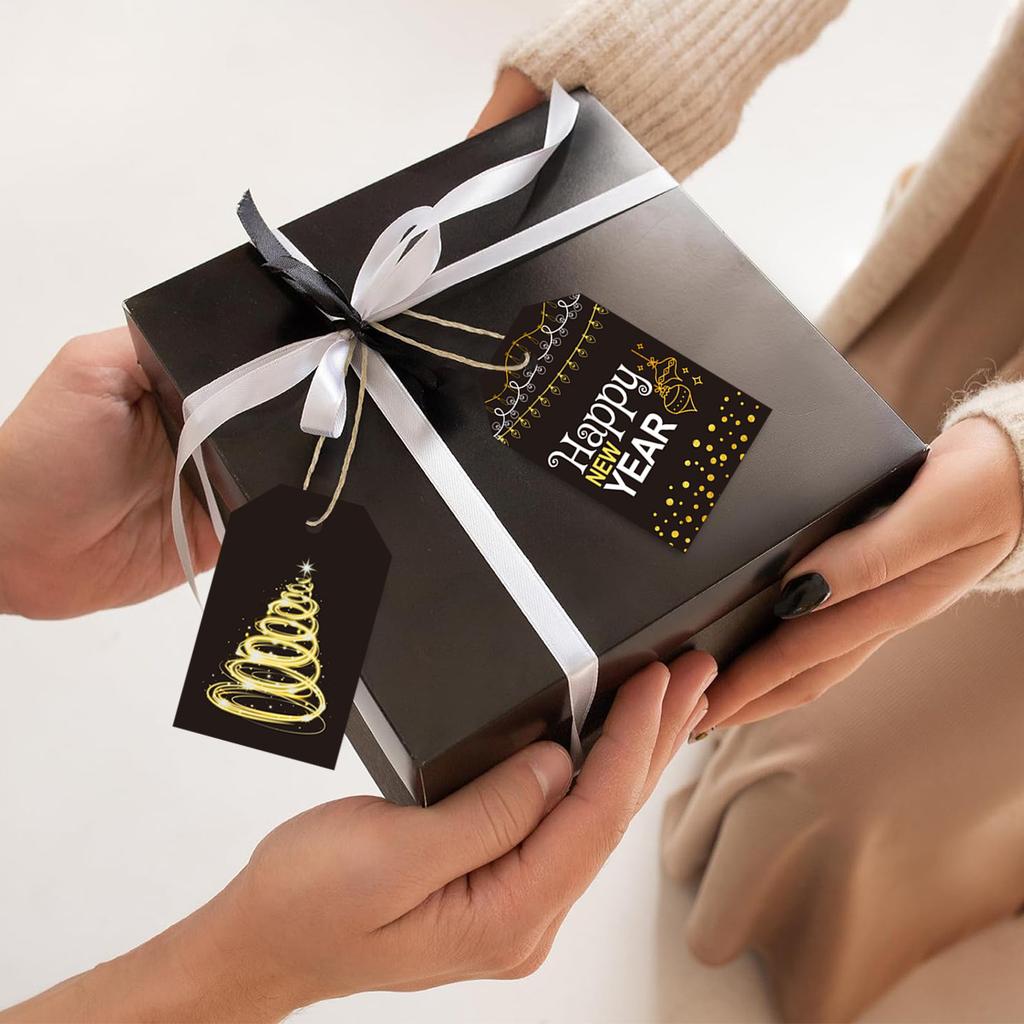 24pcs/set Happy New Year Labels DIY Black Gold Gift Wrapping Paper Hang Tags Paper Cards for New Year Party