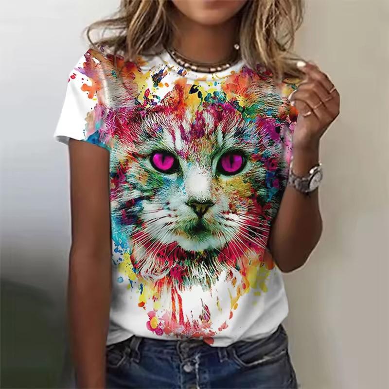 Summer Round Neck 3D Cat Pattern Print Top Fashionable Casual Short Sleeved Women's T-shirts
