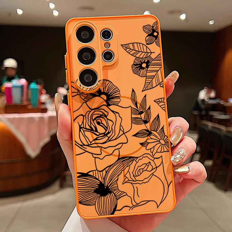 Line Rose Butterfly Floral Pattern Case For Samsung Galaxy S26 Ultra S25 Edge S24 Plus S23 FE S22 A17 A54 A55 A56 A57 5G Magnetic For Magsafe Cover