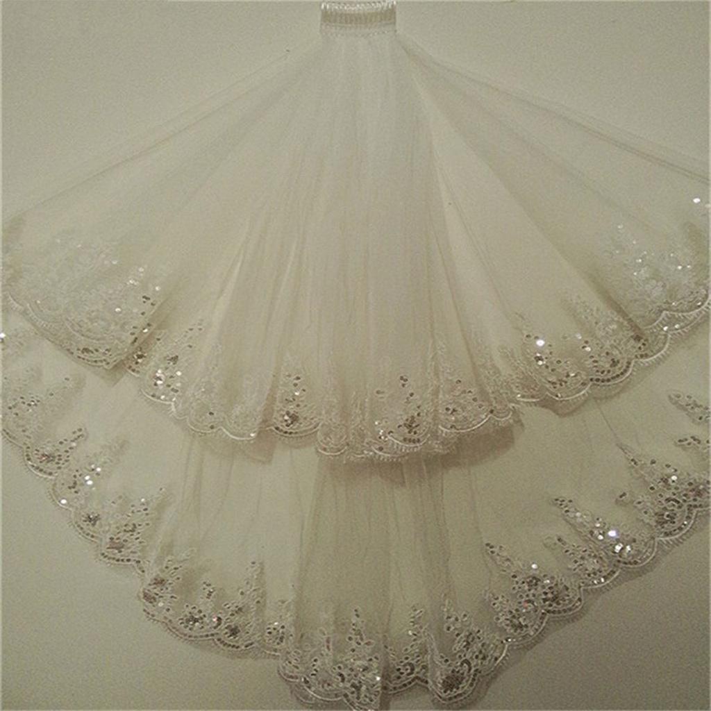 Women 2 Tier Lace Tulle Wedding Veil Exquisite Elegant Shiny Glitter Sequins Bridal Veil with Comb
