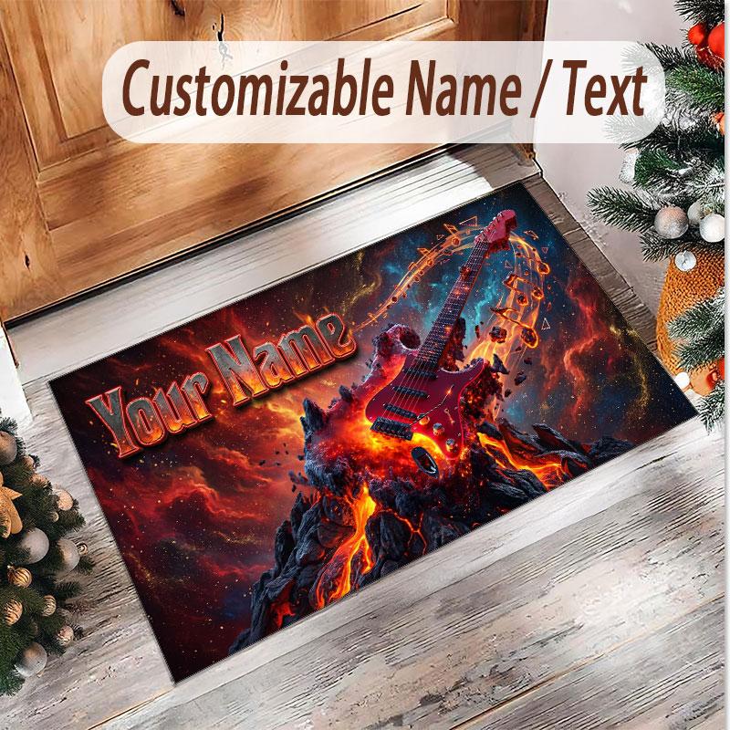 Music Guitar Theme Soft Crystal Velvet Rug Custom Name & Text Print Non Slip Floor Rug for Bedroom Living Room