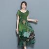 Summer Green Vintage Floral Print Dresses Women O-Neck Short Sleeve Silk Dress Size Plus S-5XL