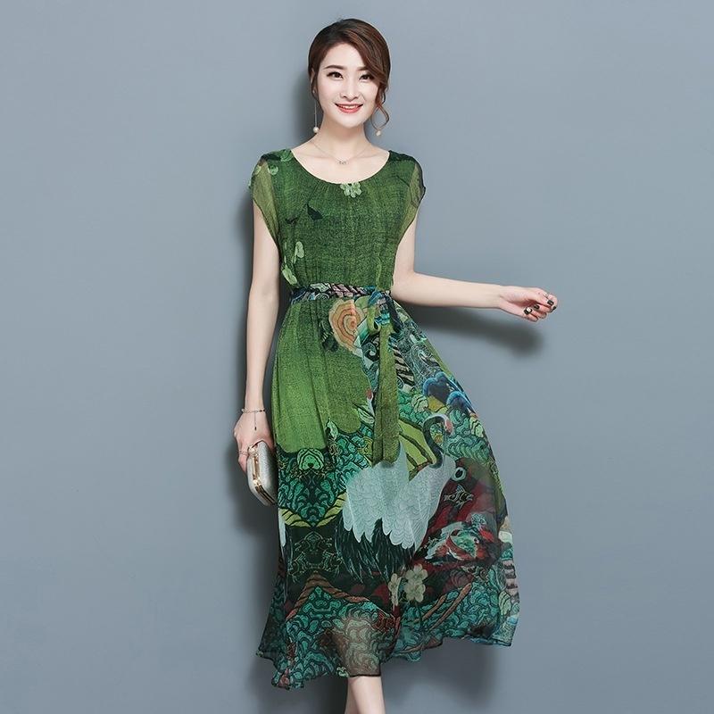 Summer Green Vintage Floral Print Dresses Women O-Neck Short Sleeve Silk Dress Size Plus S-5XL