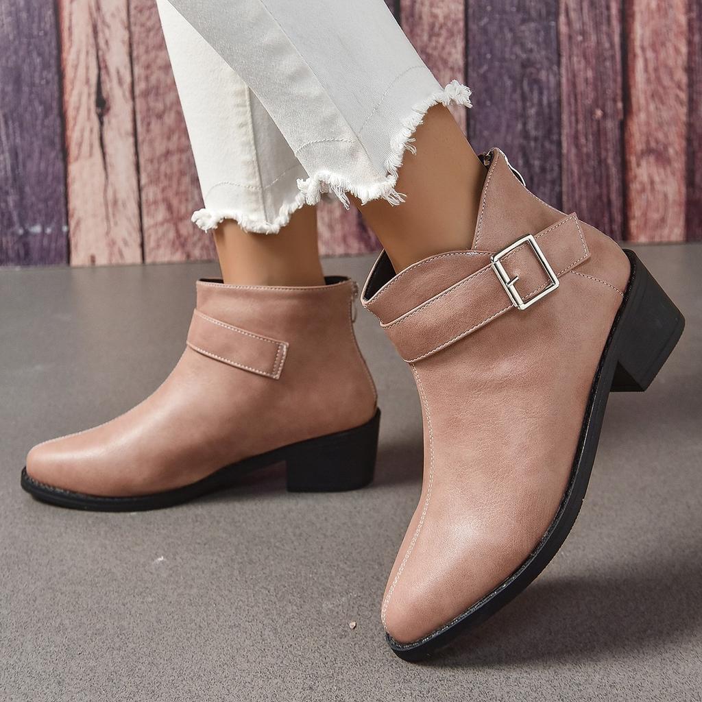 European and American Solid Color Thick Heel Metal Buckle British Style Short Boots Women's Martin Boots Women's Boots