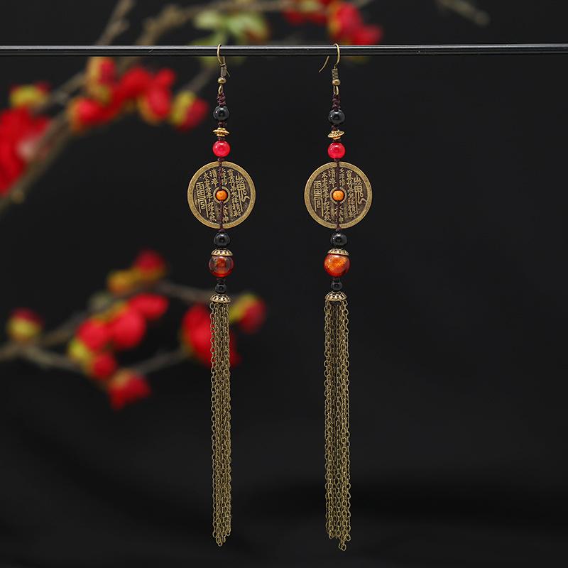 Original Mountain Ghost Spends Money On Copper Coin Earrings, Women's Antique Hanfu Long Fringed Earrings, Niche Design Earrings.
