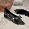 Fashion Sequines Beading Bowknot Pumps Women Pointed Toe Glitter Rivets Med-high Heels Shoes Chunky Heel Bling Bowtie Tacones Big Size43