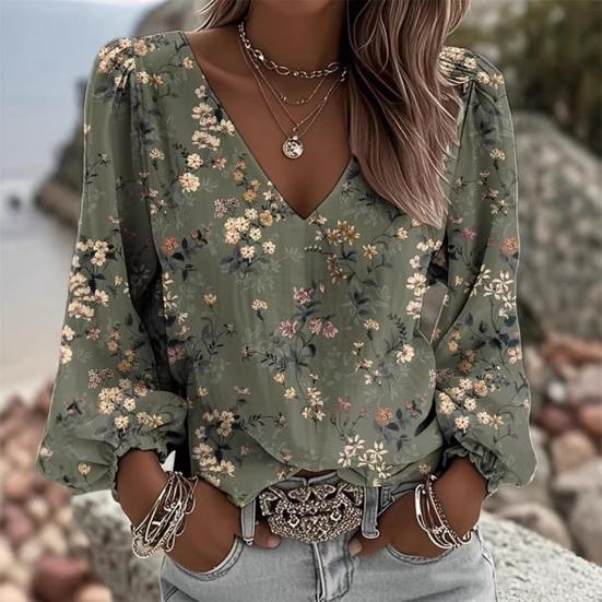 Yousheng Women Tops Retro Floral Print Puff Long Sleeve Shirt V-neck Loose Fit Casual Blouse Breathable Daily Wear
