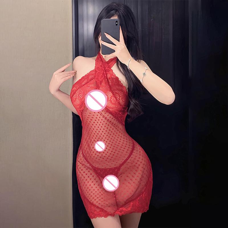 Sexy Dot Print Mesh Lace Trimmed Dress Transparent Lace Camisole Dress Seductive Role-play Backless Deep V Sleeveless Dress
