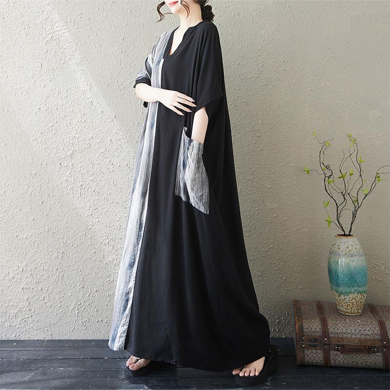 DIMANAF 2025 Summer Women Plus Size Dress Basic Casual Dress Loose Vintage Printing Long Beach Short Sleeve Dress