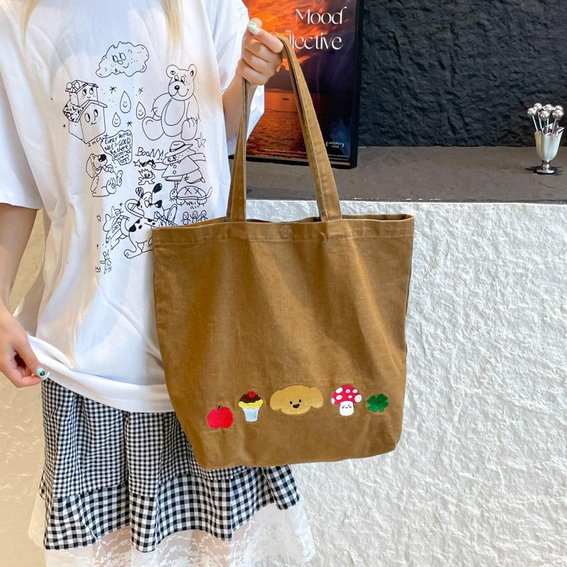 Korean Version Washed Denim Shoulder Bag Casual Cute Embroidered Puppy Tote Bag Large Capacity Student Retro Commuter Bag